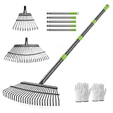 ZHJAN Rechen Garten,25+11 Zinken Laubrechen mit Stiel Metall, Verstellbarer Stiel (70-185 cm),Schwerlast Laub,Gartenharke für Laub, Rasen, Boden,inkl. 2 Handschuhe