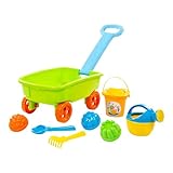 solini Sandspielzeug-Set Handwagen klein - Handwagen, Eimer mit Sieb, 3 Förmchen, Schaufel, Rechen, Gießkanne - aus robustem Kunststoff - ab 12 Monaten geeignet