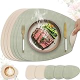 HELI MIAO 6er Set Tischset aus Leder-Imitat，Platzsets abwaschbar und wasserdicht，Platzdeckchen Lederoptik mit Untersetzer,Tischuntersetzer Doppelseitigen rutschfest(Oval,Hellgrün+Beige)
