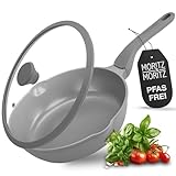 Moritz & Moritz Keramik Pfanne mit Deckel 26cm - frei von PFAS, PFOA & PTFE - Antihaft Bratpfanne 26cm - Schmorpfanne für alle Herdarten geeignet - Ideal zum Braten, Schmoren und Servieren - Grau