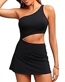 Einschultriges Badekleid – einteiliger Badeanzug für Damen mit Rock 2025, Bauchkontrolle, Schwarz, Klein