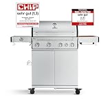 BURNHARD 4-Brenner Gasgrill Big FRED Deluxe Series 3 inkl. Backburner, 900°C Infrarot-Keramikbrenner, Seitenkochfeld, Gusseisen-Grillrost, Grillabdeckung, Edelstahl Grillwagen + klappbare Seitentische