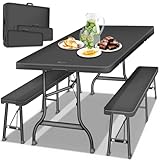 tillvex® Bierzeltgarnitur klappbar 3-teilig Set | Kunststoff Gartengarnitur wetterfest 180 cm | Gartenmöbel Set Indoor & Outdoor mit Gartentisch und Bänken | Festzeltgarnitur (Anthrazit)