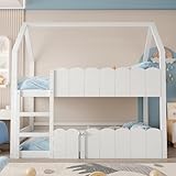 Kebnor Kinder-Etagenbett 90 * 200 cm, Hausförmiges Design mit erhöhten Sicherheitsgeländern. Das Obere Bett verfügt über Einen Lattenrost. Geeignet für Jungen und Mädchen (Weiß)