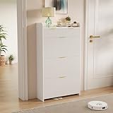 HFASD Schuhschrank mit 3 Klappen, Schuhregal Schuhkipper Schmal mit 2 Schubladen, Schuhschränke mit Verstellbarer Trennwand, Schuhkommode für Flur, Eingangsbereich, Holz (Weiß)