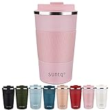 SUNTQ Kaffeebecher to go Thermo aus Edelstahl - Thermobecher mit Gummierte Manschette Doppelwand Isoliert - Kaffeetasse mit Auslaufsicherem Deckel Wiederverwendbar 510ml Rosa