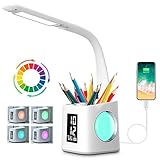 Schreibtischlampe Kinder LED, Tischlampe 10W Touch Dimmbar, Nachttischlampe Tischleuchte 7 in 1 mit 3 Helligkeitsstufen/USB-Anschluss/256 RGB/Stifthalter/Uhr/Kalender und LCD-Bildschirm Leselicht Büro