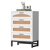 Mericonia Natürliche Rattan-Kommode mit 4 Schubladen, Schlafzimmer Aufbewahrungs-Organisationskommode mit stabilen Griffen und Füßen für Schlafzimmer, Wohnzimmer, Flur und Eingangsbereich, Weiß