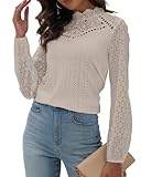 Hount Damen Oberteile Einfarbig Chiffonbluse Spitzenärmel Langarmshirt Casual Sommer Spitzenshirt (L, Beige)