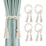 GlasFlength Vorhang Raffhalter, Boho Raffhalter für Vorhänge Handgestrickte Gardinenband Baumwolle Seil Curtain Rope Buckle Gardinenhalter für Schlafzimmer Office Wohnzimmer (4, Woven Beige)