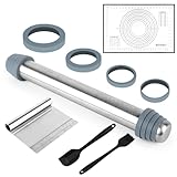 Nudelholz aus Edelstahl mit Backmatte, Antihaft Teigrolle Backzubehör, Einstellbares Edelstahl Teigroller, Backmatte und Teigschaber Ölpinsel, für Pizza, Nudeln, Kuchen