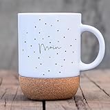 Tasse Becher Keramiktasse mit Kork Korktasse Punkte braun blau oder braun orange Spruch Moin Kaffeebecher Kaffeetasse Geschenk tsk07 - ausgewählte Größe: *Punkte braun orange (tsk07)*