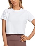 CRZ YOGA Damen Kurzarm Sport Tshirt Loose Baumwolle Fitness Crop Top Sommer Gym Workout Cropped Oberteile Weiss 40