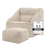 Icon Natalia Sitzsack Sessel mit Hocker für Erwachsene, Beige, Flauschiger Cord Stoff, Riesen Sitzsack Cord mit Füllung, Bean Bag Chair, Bequemer Sessel Wohnzimmer, Lounge, Schlafzimmer, Büro