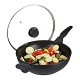 Relaxdays Wokpfanne mit Glasdeckel 30 cm, Wok mit Antihaftbeschichtung für Gas-, Elektroherd, Griff, 4 Liter, schwarz