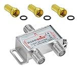 Poppstar Sat-Verteiler Splitter Umschalter 2-Fach inkl. F-Stecker (analog/digital/BK/unicable/HD/4K tauglich) für TV, Satellit, Fernseher, Radio, LNB