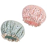 AOOWU Satin Duschhaube, 2 Stück Wasserdichte Elastische Shower Cap, Wiederverwendbare Doppellagige Schlafhaube für Locken Damen und Mädchen Zuhause Hotel Reisen(Rosa+Grün)