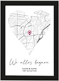 Deqosy Personalisierte Landkarte Wo alles begann, Herz-Form Poster, gerahmt mit schwarzem Bilderrahmen, Geschenke Valentinstag (Poster Herzform mit Rahmen)