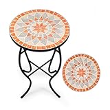 VONLUCE Mosaik Beistelltisch 14' Runder Mosaiktisch Metalltisch Kaffeetisch Blumenhocker Blumenständer PflanzenständerGartentisch (Orange&Beige)