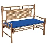 QUAHEAS Premium Gartenbank 120 cm mit komfortabler königsblauer Auflage, robuste Bambus Sitzbank für Outdoor Garten, Terrasse & Veranda Möbel, langlebige Bänke zum Entspannen im Freien.