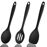 XPuing 3 Stück Silikon Rührlöffel Set, Silikon Spatel Set, Silikon kochlöffel, Kochlöffel Silikon Set, Rührlöffel Schlitzöffel, 500℉ Hitzebeständige Antihaft, Küchenhelfer (Schwarz)