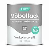 Grundmann Möbellack ACL 100 - Weiss 0,7 Kg - Lösemittelfrei & Geruchsarm - 4in1 Möbelfarbe inkl. Grundierung - Innen und Außen - Für Holz, Metall & Kunststoff - RAL 9016 Verkehrsweiss