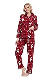 GLOBAL Schlafanzüge Damen Flanell | Baumwolle Damen Pyjama Set | Zweiteiliger Nachtwäsche Damen Pjs Set Lang | Knopfleiste vorne und Kordelzug |Weihnachts Rotes Plaid L