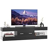 Bestier TV-Schrank für Fernseher bis 75 Zoll, Hochglanz-TV-Möbel mit Seitenwänden in Steinoptik, LED-Entertainment-Center mit großer Schublade, TV-Konsole für Wohnzimmer und Schlafzimmer (Schwarz)