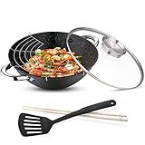 Renberg - Wasabi Wok Gusseiserne Wokpfanne 28cm| Mit Marmorbeschichtung| Mit Glasdeckel| Mit Nylonspatel| Mit Bambus-Essstäbchen| Vielfältige Funktionen| Für Alle Herdarten| 3.6 Liter