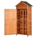 Outsunny Gartenschrank, Holz-Geräteschuppen, Geräteschrank mit Asphaltdach, Doppeltür, Gartenhaus mit 3 Regalböden, Doppeltür für Schaufeln und Harken, Teak, 84 x 52 x 188 cm