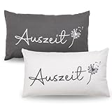 Bada Bing 2er Set Deko Kissen Auszeit in grau weiß - Design mit Spruch - hochwertiges Wendekissen mit Bezug - Kuschelkissen Baumwolle Reißverschluss - Sofakissen 30 x 50 cm mit Füllung