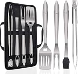 POLIGO 5PCS Hochwertiges Grillbesteck Set Extra dick Edelstahl mit Tragetasche, Grillzange, Grillwender, Fleischgabel und Backpinsel, Perfektes für Männer am Geburtstag, Weihnachten