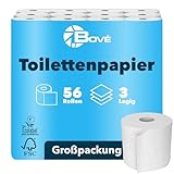 BOVE Toilettenpapier 3-lagig 250 Blatt, 56 Rollen (7 Pack je 8 Rollen), weiß,100% Zellstoff, blumengeprägt (8101000) – extra weiches Klopapier