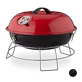 Relaxdays Kugelgrill, tragbar, mit Deckel, leckeres BBQ, Picknickgrill mit großer Grillfläche, Holzkohle, Ø36cm, rot, 27 x 36 x 36 cm