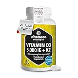 Vitamin D3 K2 5000 IE mit Vitamin K2 MK7 All Trans Form, 2+ Jahre Vorrat, 180 Tabletten Vitamin D ohne unnötige Zusatzstoffe, in Deutschland hergestellt