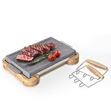 Artestia Kochsteine für Steak, 11,8 x 7,87 Zoll Lavasteakstein für BBQ mit abnehmbaren Griffen, Hot Rock Kochstein-Set inklusive Bambusbasis für Abendessen und Familienspaß