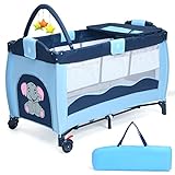 COSTWAY 3 in 1 klappbares Reisebett & Wickeltisch & Laufstall, Babybett bis 45kg belastbar, Kinderreisebett rollbar, inkl. Spielbogen, Wickelauflage und Tragetasche (Blau)