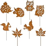 WVWMYM 8er Gartenstecker Herbstdeko Outdoor, 25cm Beidseitig Gartenstecker Rost mit Lgel Ahornblatt Eichhörnchen Eule Herbst Dekoration Metall Gartendeko für Draußen Gärten Rasenflächen Pflanzgefäße