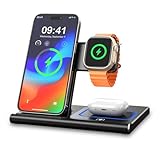 EXW Ladestation Apple Watch und iPhone,3 in 1 Ladestation Apple für Wireless Charger, iPhone Ladegerät für iPhone 15 14 13 12 11 Pro Serie, AirPods Pro/3/2, Apple Watch-Schwarz(Kein Ladestecker)