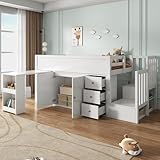RIAZOS Hochbett 90x200 cm, Kinderbett mit Stauschrank, Treppe mit Staufach, Stauraumbett mit 3 Schubladen, Funktionsbett mit Ausziehbarem Schreibtisch, Jugendbett, Weiß, ohne Matratze