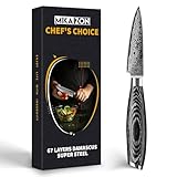 MIKAZON Damast Schälmesser - Präzises 8.5 cm Obst- und Gemüsemesser mit 67-lagiger Stahlkonstruktion und Pakkaholzgriff in Geschenkbox