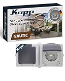Kopp NAUTIC 2-fach Schutzkontakt-Steckdose mit Klappdeckel in Grau - Sichere Aufputz-Steckdose mit erhöhtem Berührungsschutz - Waagrechter IP44 Feuchtraumsteckdosen-Aufputz 16A / 250V~