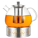 1500ML Teekanne aus Glas, Teekanne Glas aus Hitzebeständigem Borosilikatglas, Glasteekanne, Teekanne Glas mit Siebeinsatz, Teekanne mit Stövchen, Geeignet zum Aufbrühen von Tee, Blumentee