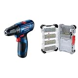 Bosch GSR 120-LI Akku-Bohrschrauber (2x2,0Ah) + 40-tlg. Extrahartes Schrauberbit-Set, Amazon Exklusiv (197 x 110,5 mm, Professional Zubehör Schraubendreher, Bohrschrauber)