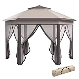 Outsunny Pavillon 4x4m Wasserdicht Pop-up sechseckiger Faltpavillon, Doppeldach, Gartenpavillon mit 6 Seitenteilen, Partyzelt inkl. Tragetasche, für Garten, Terrasse, Festival, Kaffee+Beige
