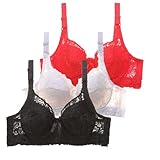 Pamqsen 3er Pack BH Damen ohne Bügel Push Up Starker Halt Große Brüste Bustier Bequem Klassische BHS Set für Damen Komfort Atmungsaktiver Blumen Spitze Bra mit Verstellbarem für Sport und Alltag