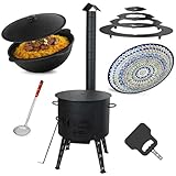 Uchag Ø40 cm Utschak 2mm stahl mit Abzugsrohr 12 L Kazan Rund Grillfächer Schaumkelle Adapter-Ringe Herdplatte Orientalischer Teller ляган Utschag Kasan Feldküche Außenküche Eintopfofen Gulaschkanone