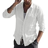 Casual Shirt Herren Business Vintage Leinenhemd Herren Temperament Lose Longsleeve Tops Herren Scheibenschnalle Klassisch All-Match Einfarbig Shirt Herren G-White S