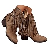 Generisch Damen Cowboystiefel mit Fransen, Snip Toe, zum Überziehen, Western-Stiefeletten, Winter Kurzstiefel, Schnürstiefel, Rutschfest Stiefel, Reitstiefel-ähnliche, Winterschuhe