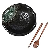 TYMYYS Ramenschale Mit Essstäbchen Und Ramen Löffel, Ramenschalen-Set Für 1 Person, Ramen Schüssel Set Keramik, Chinesische Nudeln-schwarz und grün-1000ml, 22x22x6.5cm